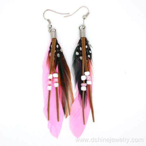Cheap Bohemian Ethnic Feather Earrings Beaded Hook Earrings